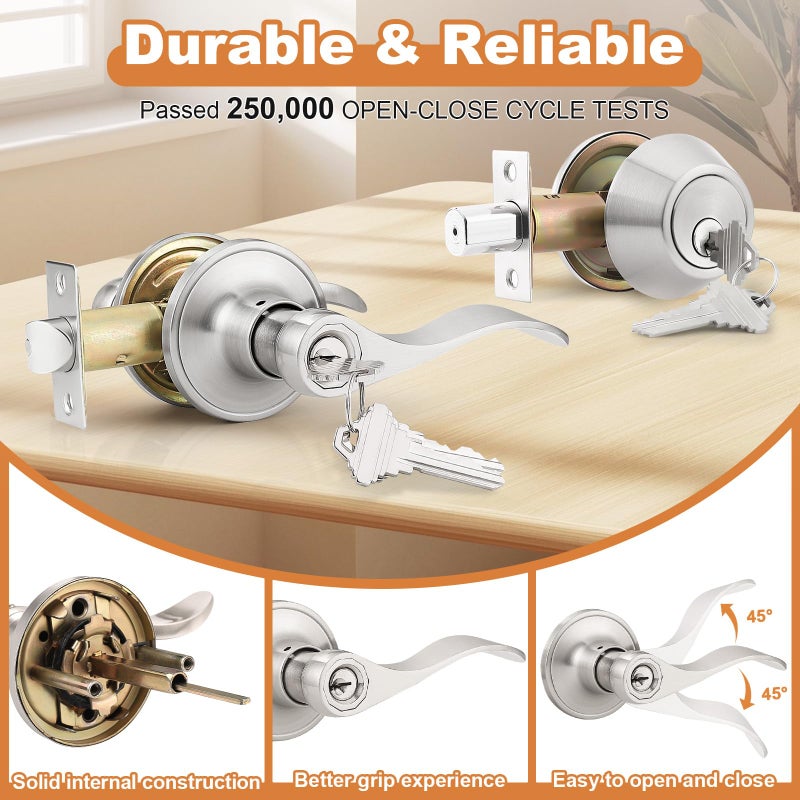 Probrico 5 Sets-Satin Nickel Exterior Entry Lever and Single Cylinder Deadbolt Combo Pack,Keyed Alike Entry Handleset for Front Entrance Door,Wave Shape Lever,Contractor Park - Image 4